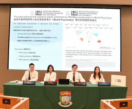 HKUMed has led the world’s largest meta-analysis on depression and mortality. The research team members include (from left) Dr Joe Chan Kwun-nam, Dr Heidi Lo Ka-ying, Professor Chang Wing-chung and Dr Corine Wong Sau-man.
 